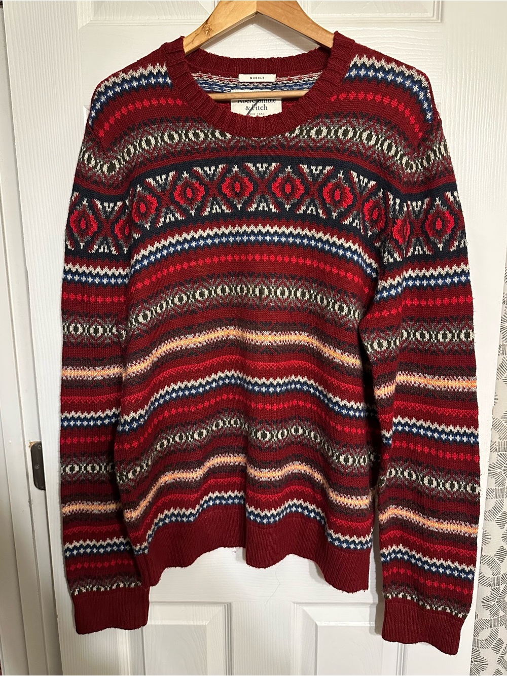 Abercrombie & Fitch Y2K Men's Fair Isle Crewneck Knit Sweater 2XL Red Cabincore